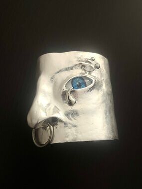 Avant Garde Silver Statement Pierced Face Sculptural Cuff Bracelet